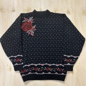 Vintage Adele Knitwear Sweater Womens Medium Black Mock Neck Rose Knit Pullover